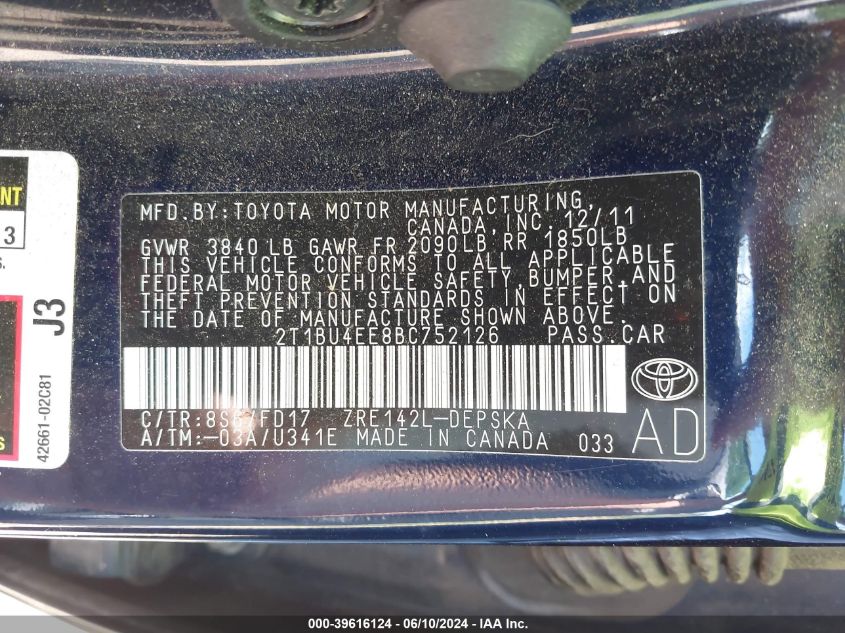 2011 Toyota Corolla S VIN: 2T1BU4EE8BC752126 Lot: 39616124