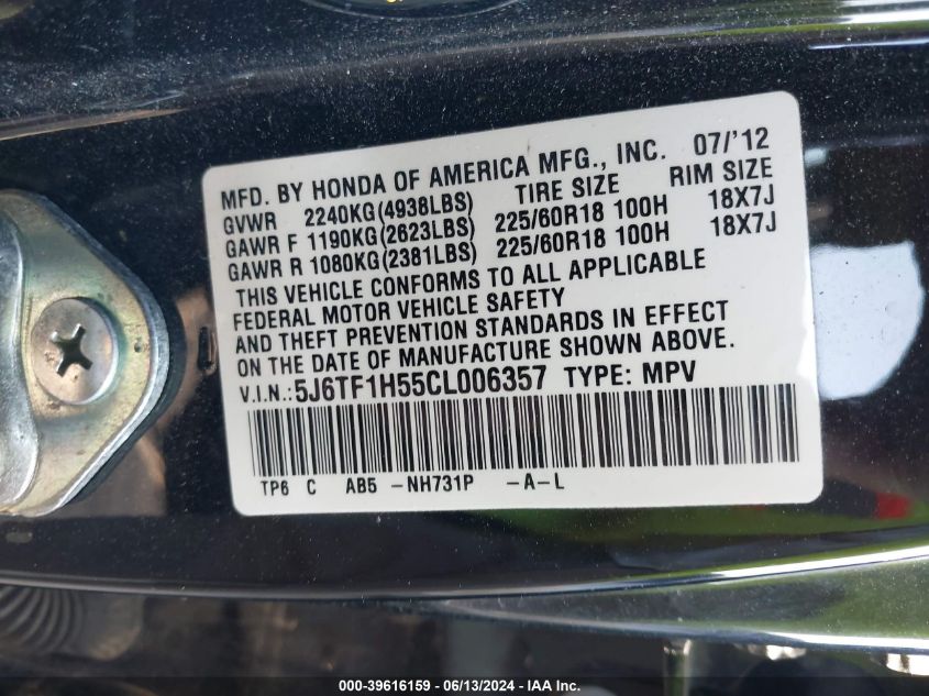 2012 Honda Crosstour Ex-L VIN: 5J6TF1H55CL006357 Lot: 39616159