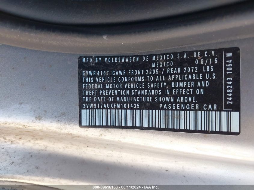 2015 Volkswagen Golf Tsi S 2-Door VIN: 3VW917AUXFM101435 Lot: 39616163