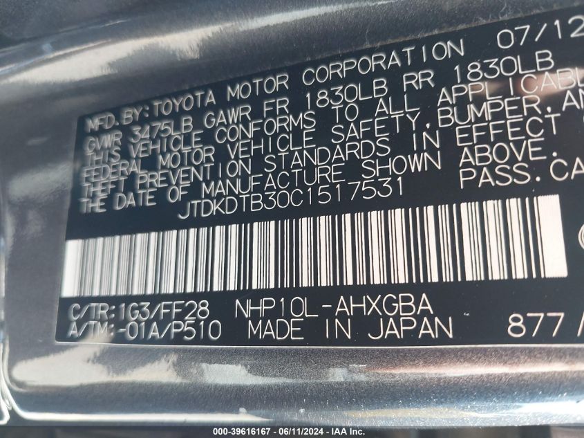 2012 Toyota Prius C Three VIN: JTDKDTB30C1517531 Lot: 39616167