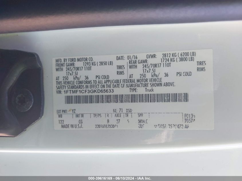 2016 Ford F-150 Xl VIN: 1FTMF1CF3GKD65633 Lot: 39616169