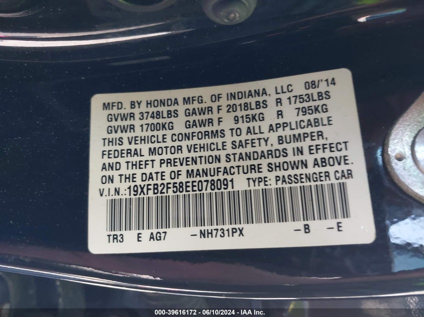 2014 Honda Civic Lx VIN: 19XFB2F58EE078091 Lot: 39616172