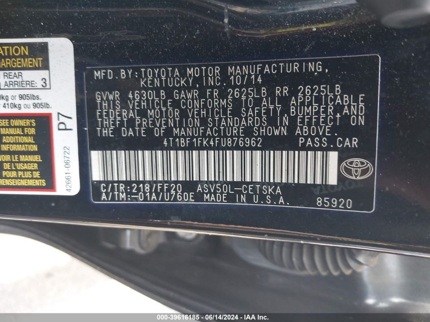2015 Toyota Camry Se VIN: 4T1BF1FK4FU876962 Lot: 39616185