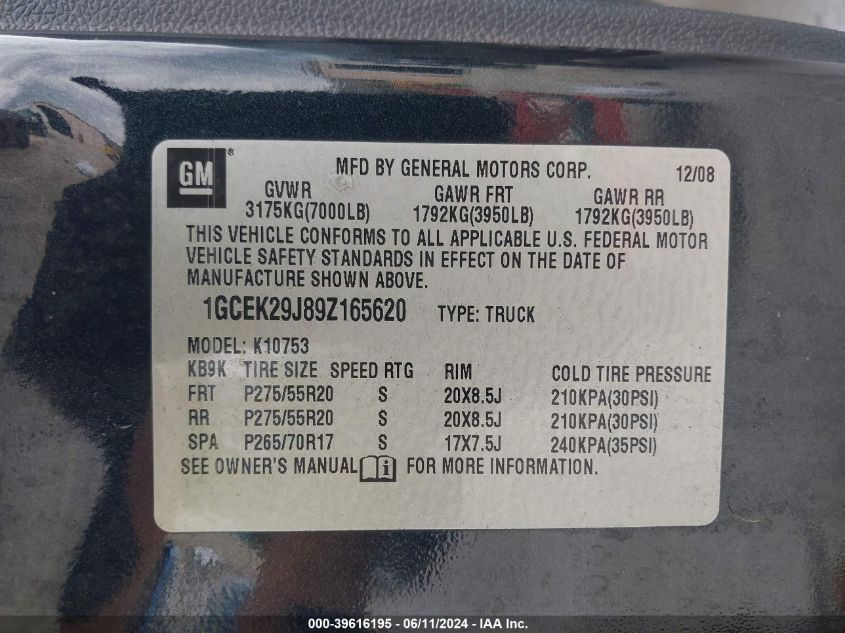 2009 Chevrolet Silverado 1500 Lt VIN: 1GCEK29J89Z165620 Lot: 39616195