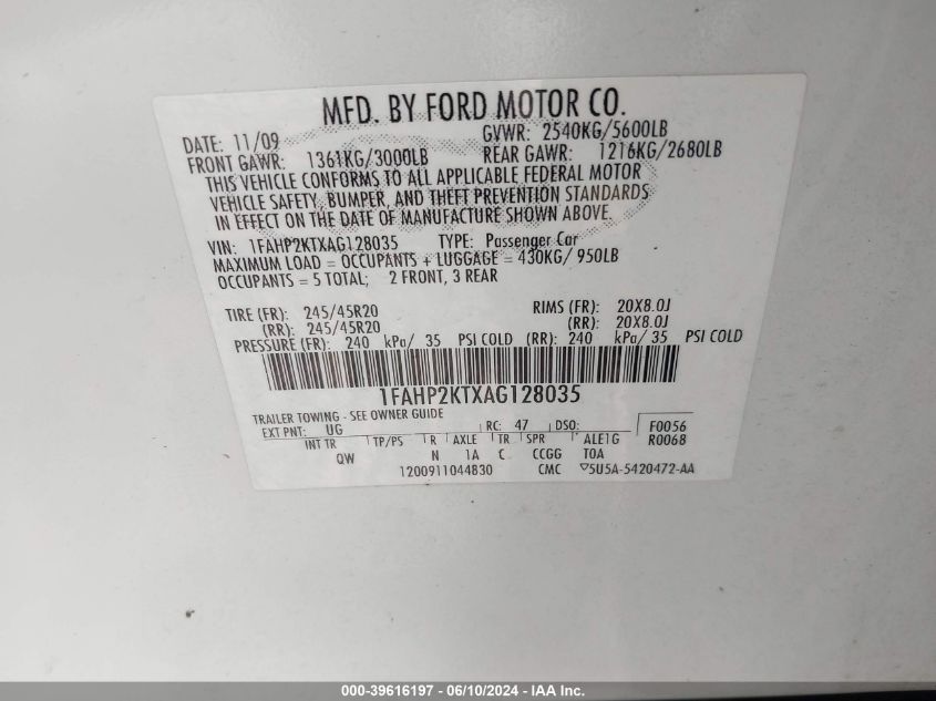 2010 Ford Taurus Sho VIN: 1FAHP2KTXAG128035 Lot: 39616197