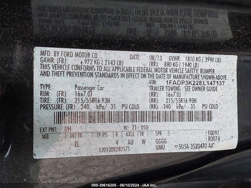 2014 Ford Focus Se VIN: 1FADP3K22EL147137 Lot: 39616205