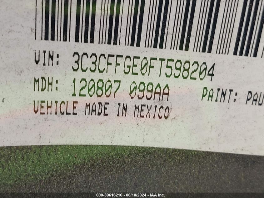 2015 Fiat 500E Battery Electric VIN: 3C3CFFGE0FT598204 Lot: 39616216