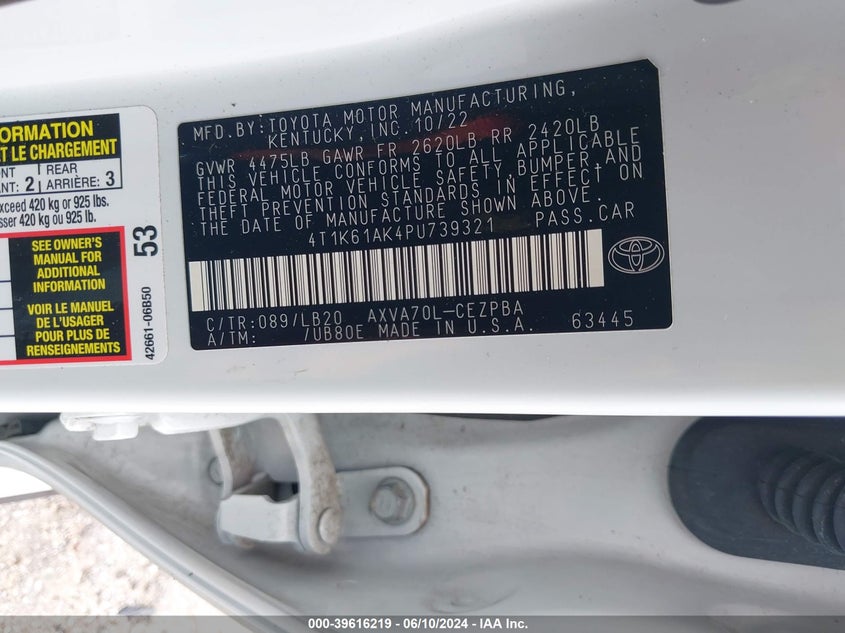 2023 TOYOTA CAMRY 2.5L I-4 DI, DOHC, V(VIN: 4T1K61AK4PU739321