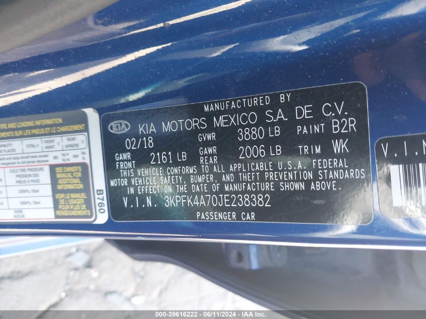 2018 Kia Forte Lx VIN: 3KPFK4A70JE238382 Lot: 39616222