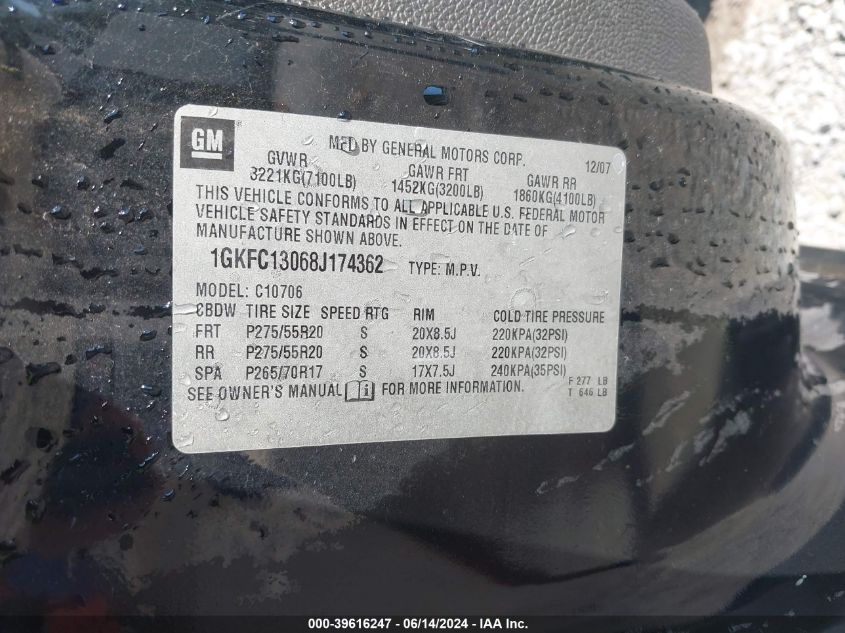 2008 GMC Yukon Slt VIN: 1GKFC13068J174362 Lot: 39616247