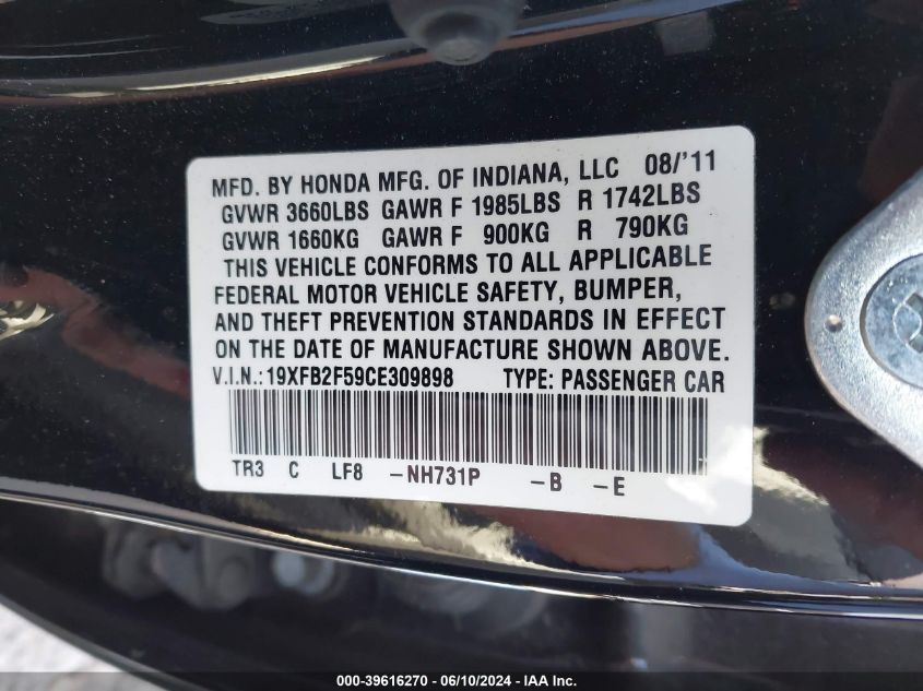 2012 Honda Civic Lx VIN: 19XFB2F59CE309898 Lot: 39616270