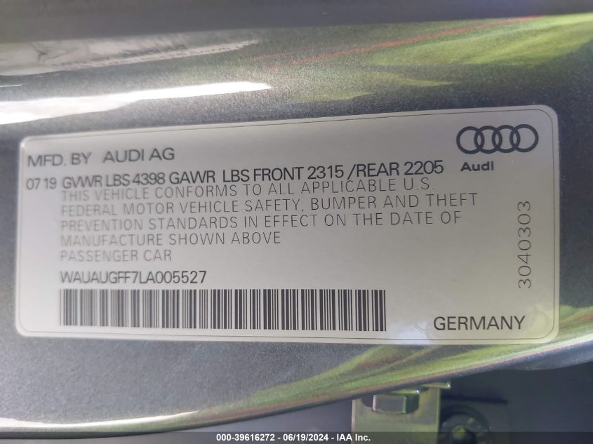 2020 Audi A3 Premium 40 Tfsi Front-Wheel Drive S Tronic VIN: WAUAUGFF7LA005527 Lot: 39616272