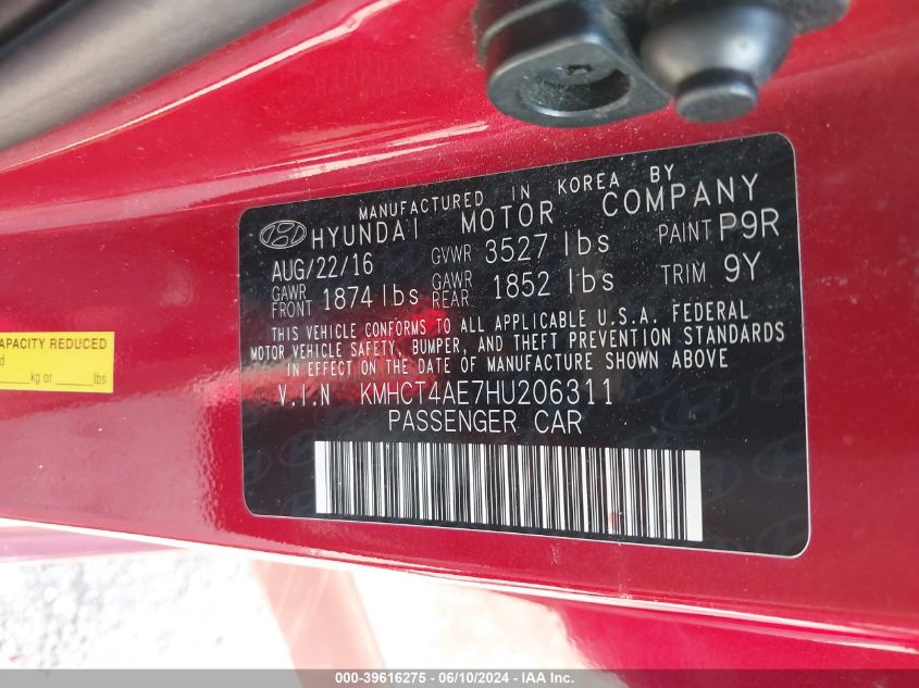 2017 Hyundai Accent Se VIN: KMHCT4AE7HU206311 Lot: 39616275