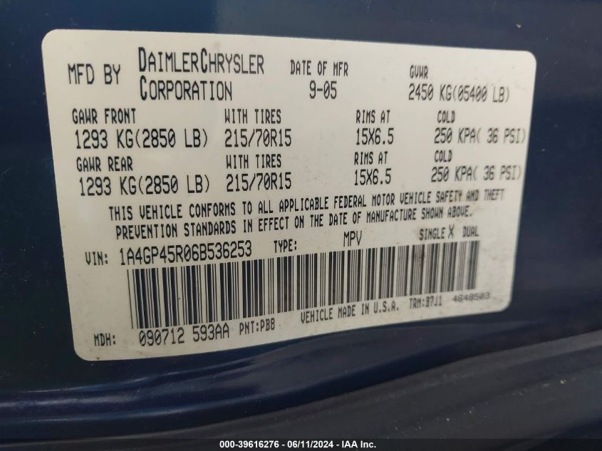 2006 Chrysler Town & Country Swb VIN: 1A4GP45R06B536253 Lot: 39616276