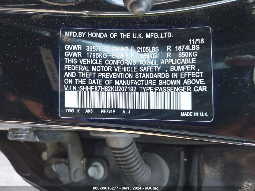 2019 Honda Civic Ex-L VIN: SHHFK7H82KU207192 Lot: 39616277