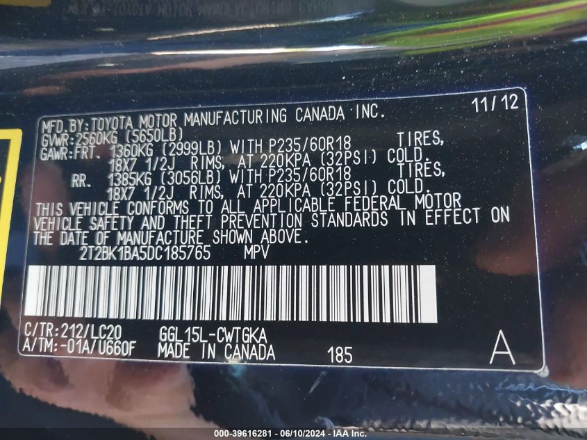 2013 Lexus Rx 350 VIN: 2T2BK1BA5DC185765 Lot: 39616281