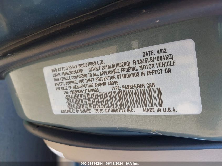 2002 Subaru Outback Limited VIN: 4S3BH686127659633 Lot: 39616284