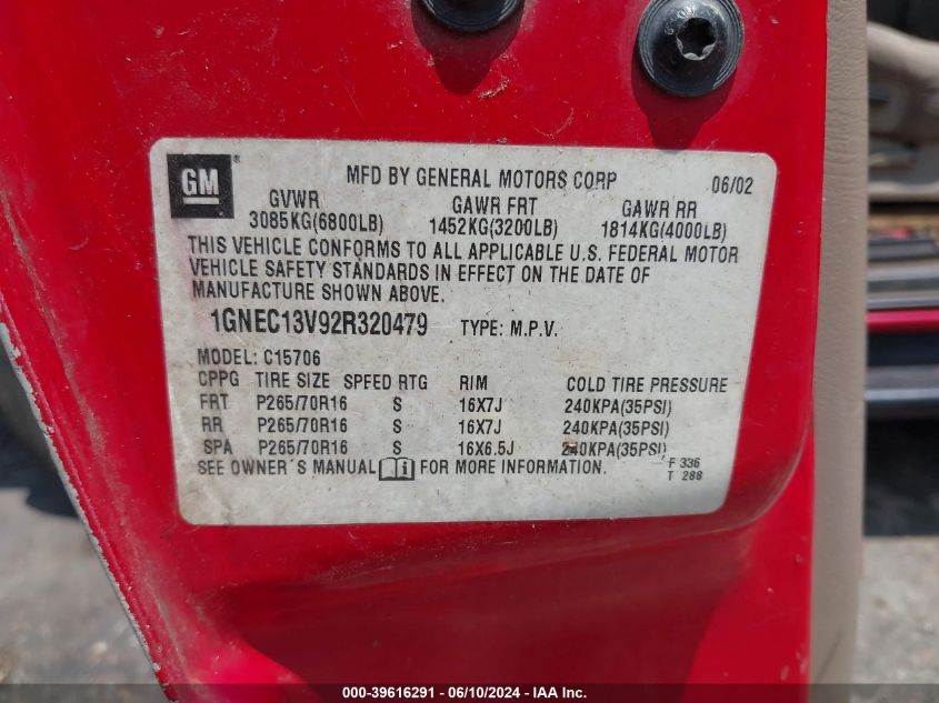 2002 Chevrolet Tahoe Ls VIN: 1GNEC13V92R320479 Lot: 39616291