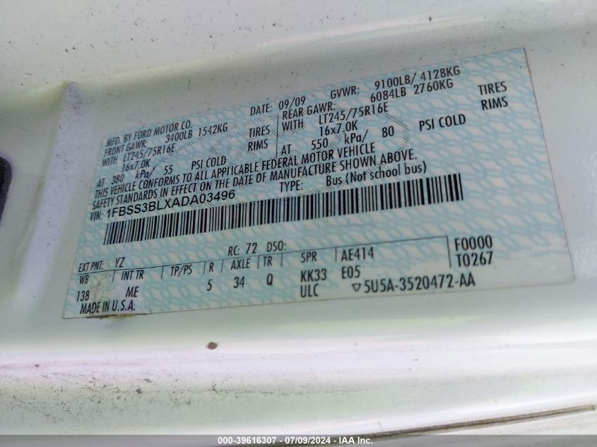 2010 Ford E-350 Super Duty Xl/Xlt VIN: 1FBSS3BLXADA03496 Lot: 39616307