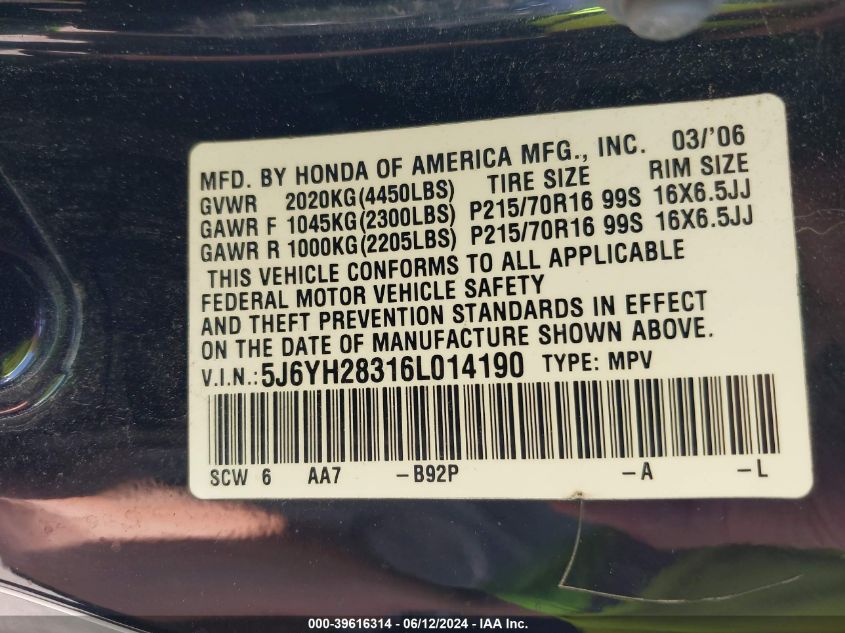 2006 Honda Element Lx VIN: 5J6YH28316L014190 Lot: 39616314