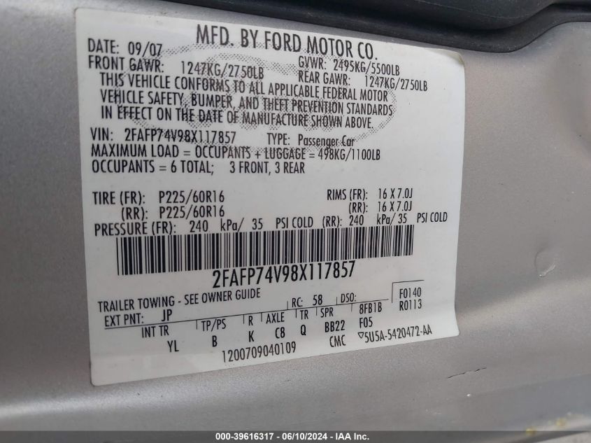 2008 Ford Crown Victoria Lx VIN: 2FAFP74V98X117857 Lot: 39616317