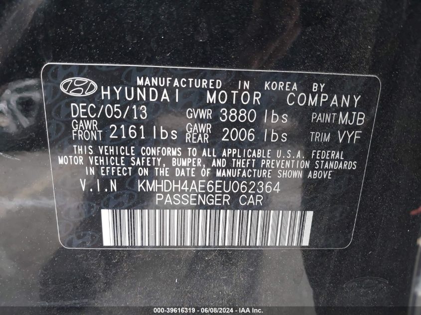 2014 Hyundai Elantra Se VIN: KMHDH4AE6EU062364 Lot: 39616319