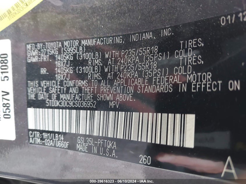 2012 Toyota Sienna Xle 7 Passenger VIN: 5TDDK3DC9CS036952 Lot: 39616323