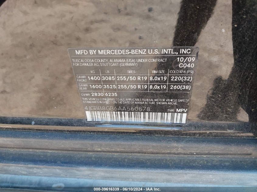 2010 Mercedes-Benz Ml 350 4Matic VIN: 4JGBB8GB6AA560878 Lot: 39616339