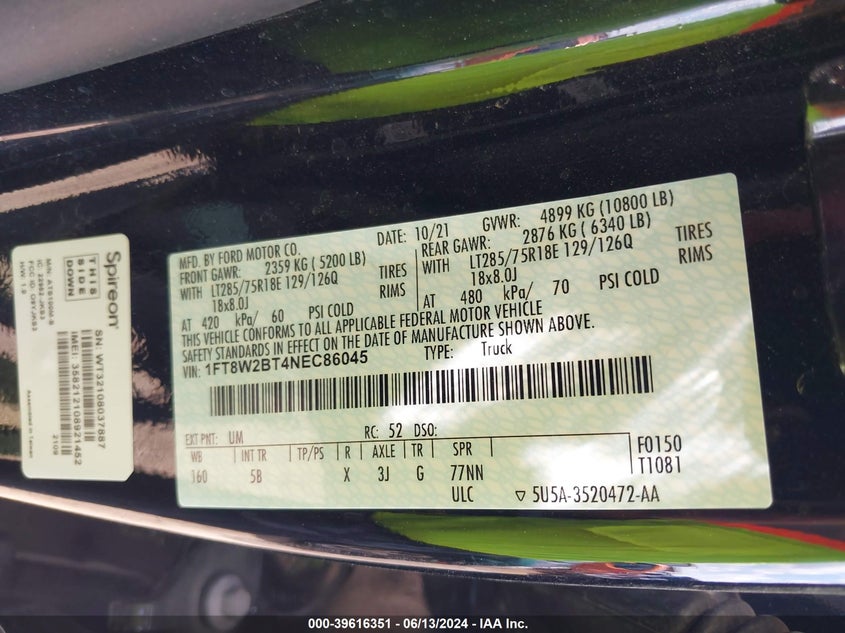 2022 Ford F-250 Lariat VIN: 1FT8W2BT4NEC86045 Lot: 39616351