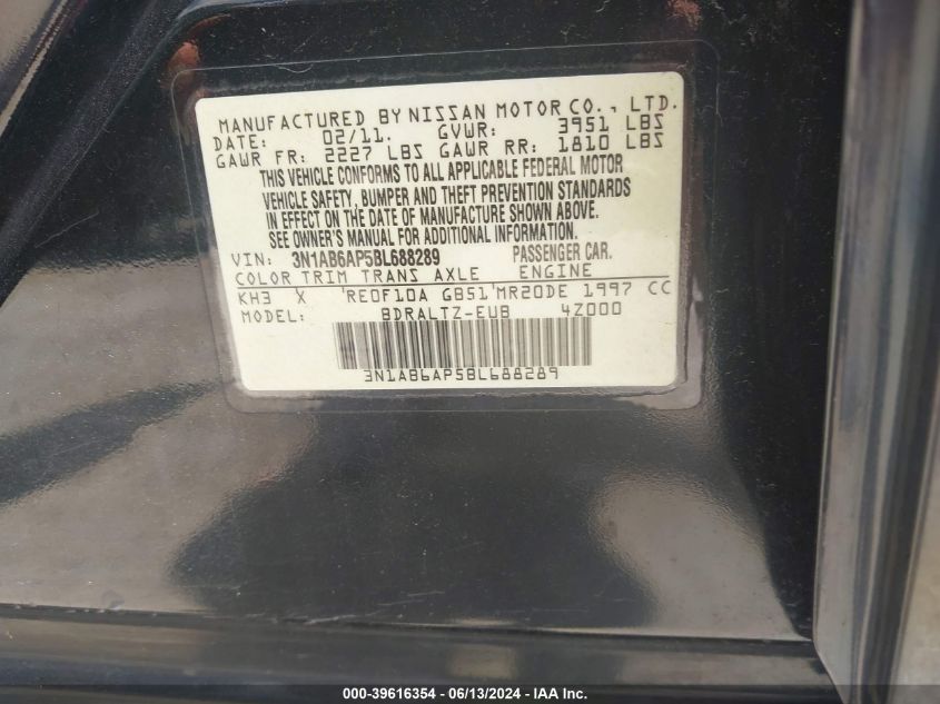 2011 Nissan Sentra 2.0S VIN: 3N1AB6AP5BL688289 Lot: 39616354