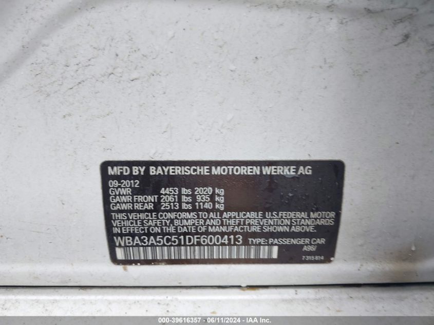 2013 BMW 328I VIN: WBA3A5C51DF600413 Lot: 39616357