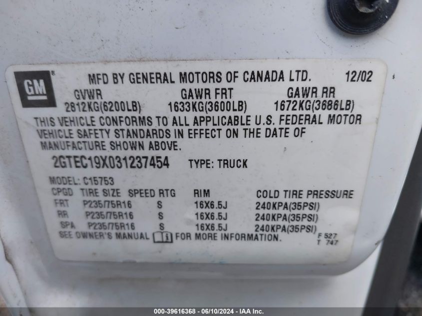 2003 GMC New Sierra C1500 VIN: 2GTEC19X031237454 Lot: 39616368