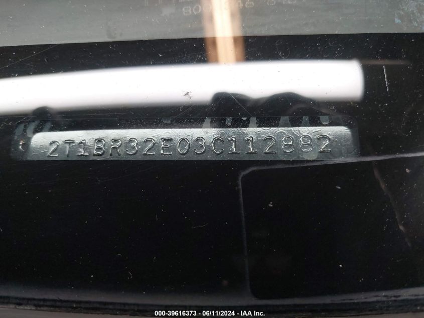 2003 Toyota Corolla Le VIN: 2T1BR32E03C112882 Lot: 39616373