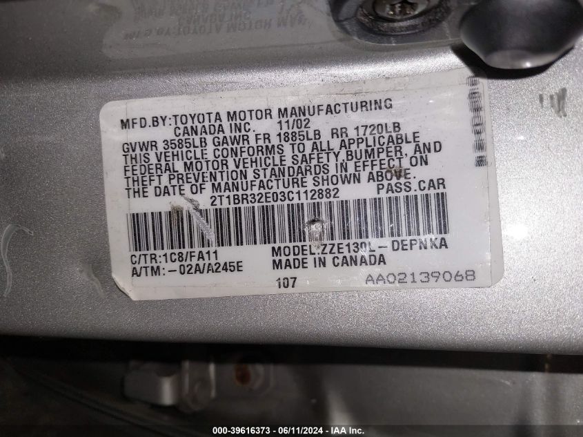 2003 Toyota Corolla Le VIN: 2T1BR32E03C112882 Lot: 39616373