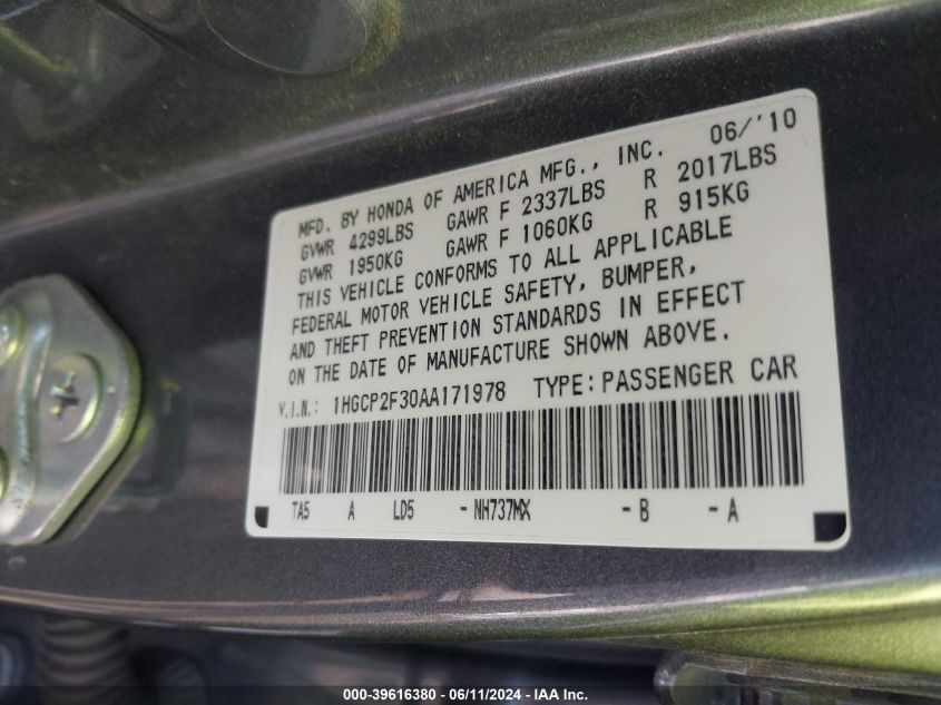 2010 Honda Accord 2.4 Lx VIN: 1HGCP2F30AA171978 Lot: 39616380