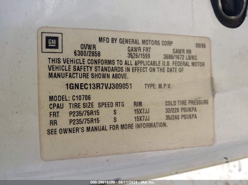 1997 Chevrolet Tahoe Ls VIN: 1GNEC13R7VJ309051 Lot: 39616399