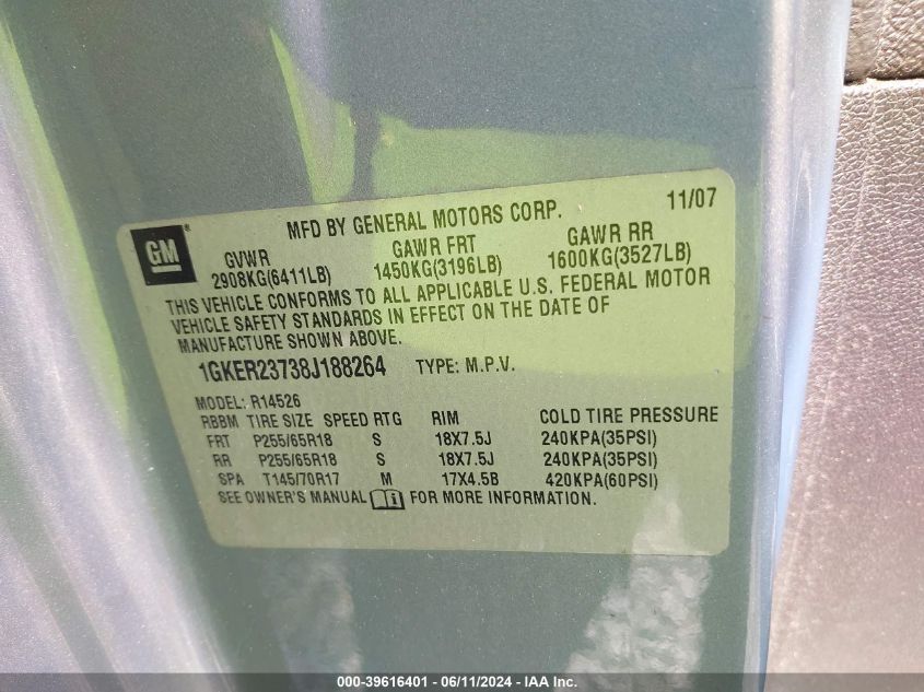 2008 GMC Acadia Slt-1 VIN: 1GKER23738J188264 Lot: 39616401