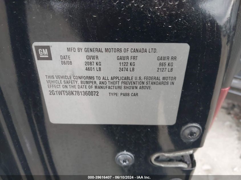 2008 Chevrolet Impala Lt VIN: 2G1WT58K781360072 Lot: 39616407
