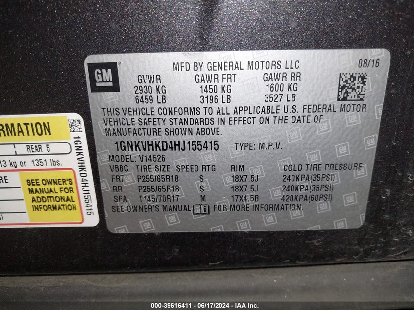 2017 Chevrolet Traverse 2Lt VIN: 1GNKVHKD4HJ155415 Lot: 39616411