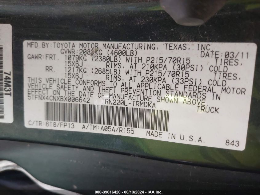2011 Toyota Tacoma VIN: 5TFNX4CNXBX006642 Lot: 39616420
