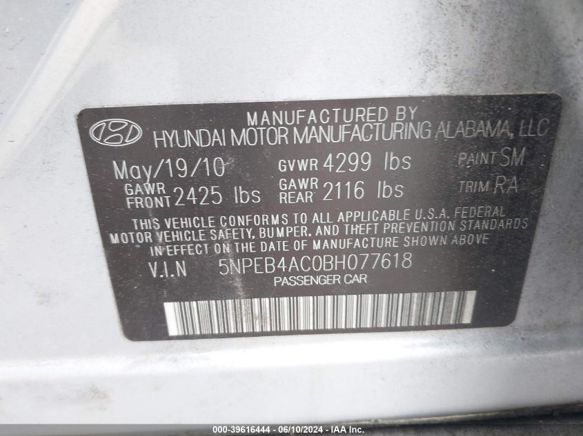 5NPEB4AC0BH077618 2011 Hyundai Sonata Gls