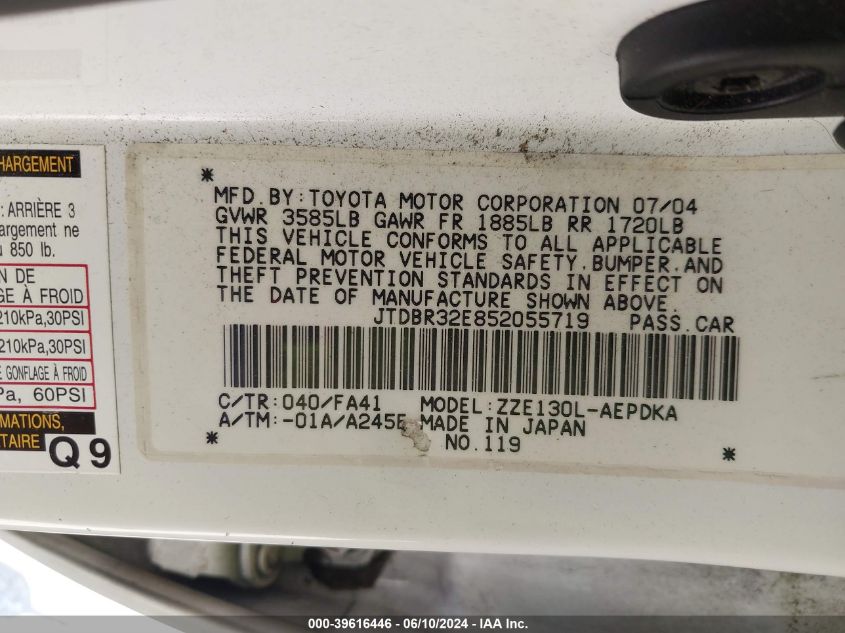 2005 Toyota Corolla Ce VIN: JTDBR32E852055719 Lot: 39616446