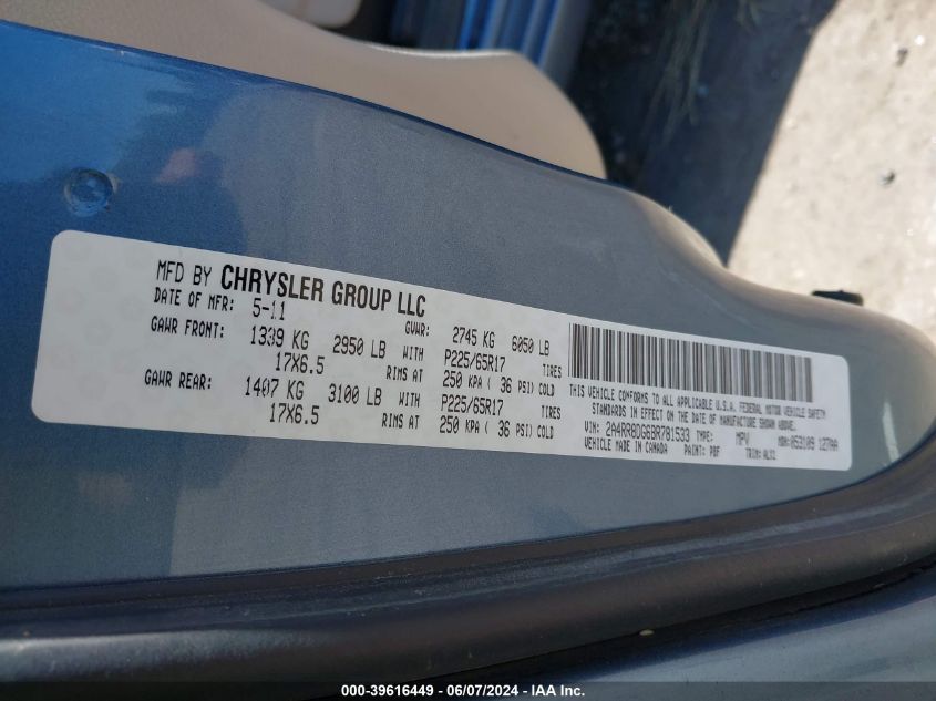 2011 Chrysler Town & Country Touring-L VIN: 2A4RR8DG6BR781533 Lot: 39616449