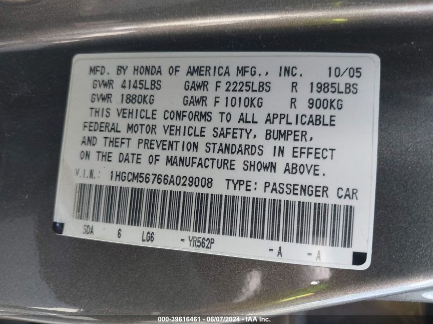 2006 Honda Accord 2.4 Ex VIN: 1HGCM56766A029008 Lot: 39616461