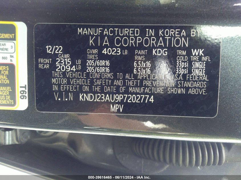 2023 Kia Soul S VIN: KNDJ23AU9P7202774 Lot: 39616465