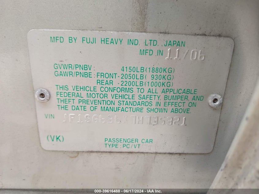 2007 Subaru Forester 2.5X VIN: JF1SG636X7H735321 Lot: 39616488