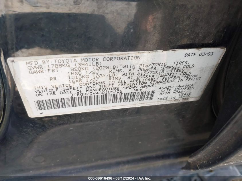 2003 Toyota Rav4 VIN: JTEGH20V430105302 Lot: 39616496