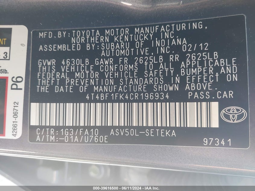 2012 Toyota Camry L VIN: 4T4BF1FK4CR196934 Lot: 39616500