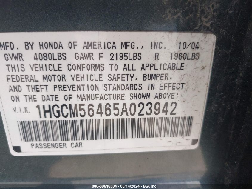 2005 Honda Accord 2.4 Lx VIN: 1HGCM56465A023942 Lot: 39616504