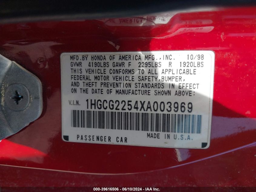 1999 Honda Accord Ex V6 VIN: 1HGCG2254XA003969 Lot: 39616506